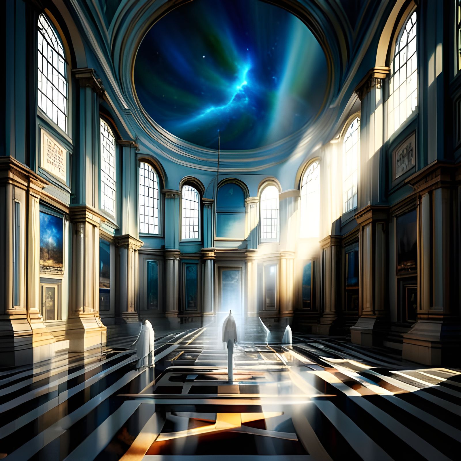 Dreamlike Museum Scene in Abstract Illusionism Style