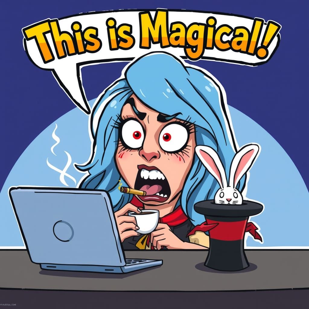 A cartoon woman style of R. CRUMB  with long blue hair at a laptop, frightened, with a cigarettes clenched between her t...