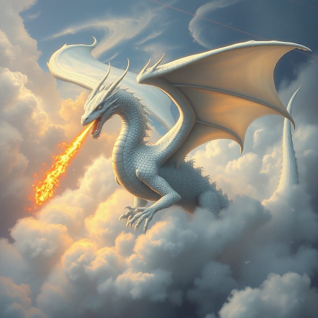 Silver Dragon Soaring from Celestial Cloud