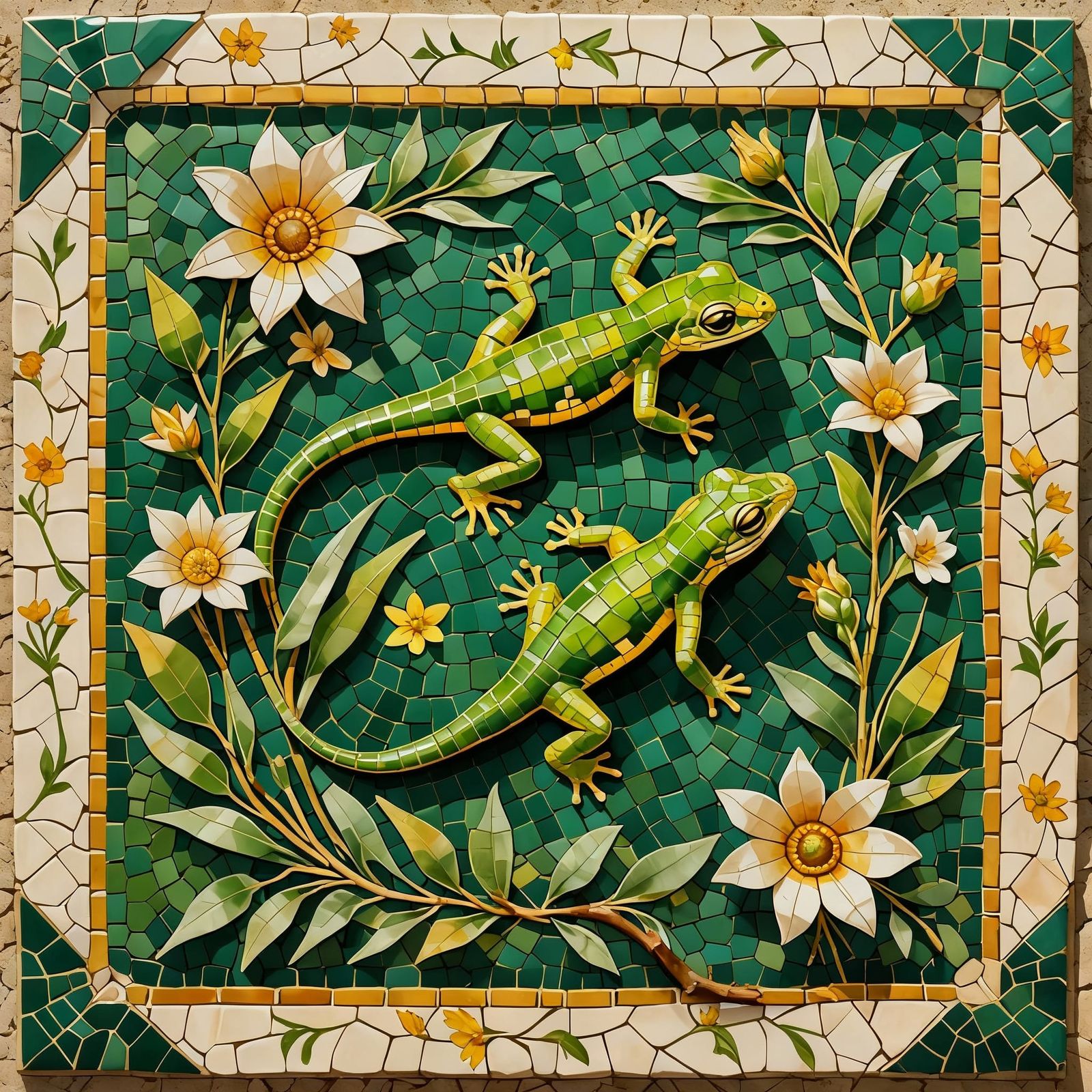 Emerald Geckos Basking on Ancient Roman Mosaic Floor
