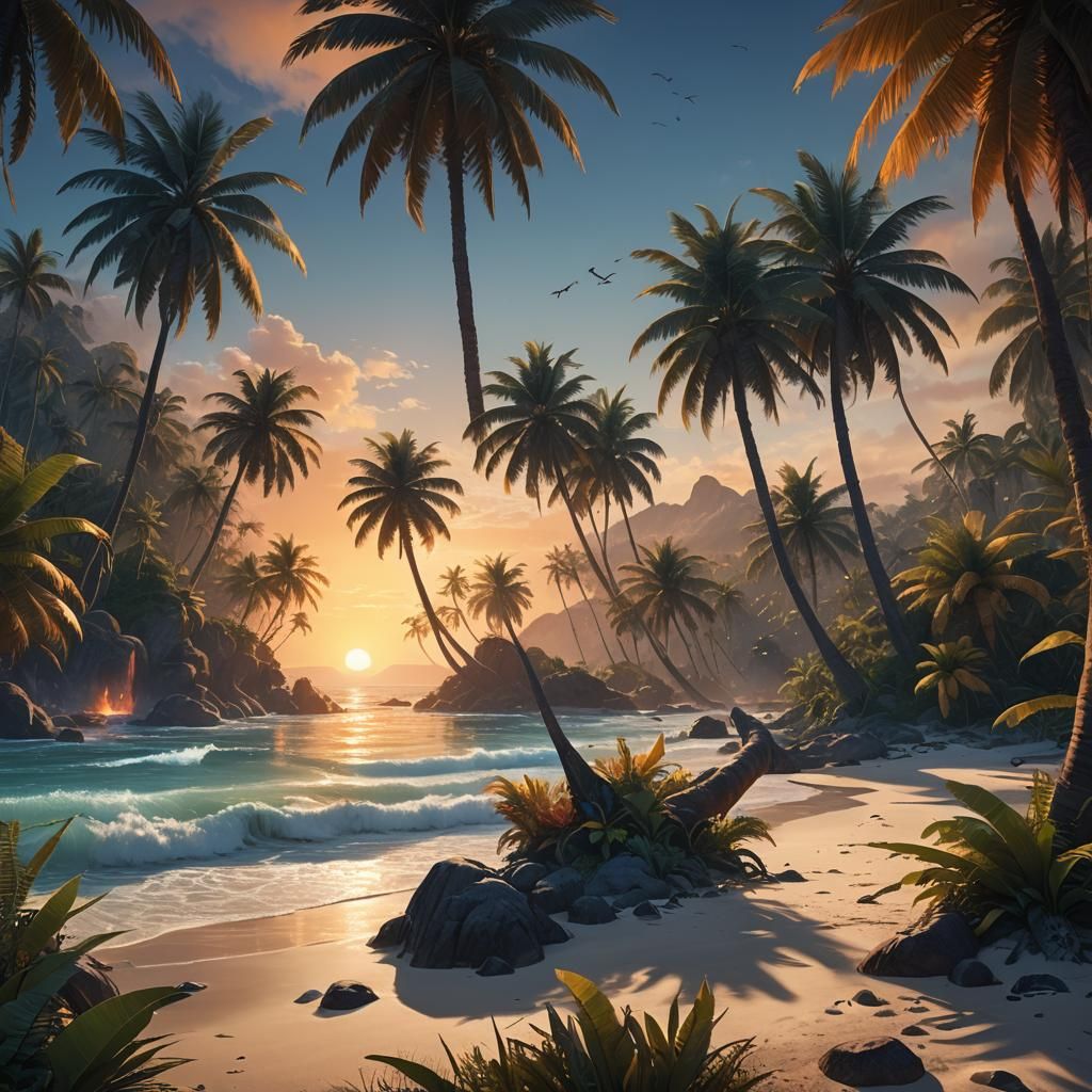 Sunset at a Fantastical Beach: Digital Art