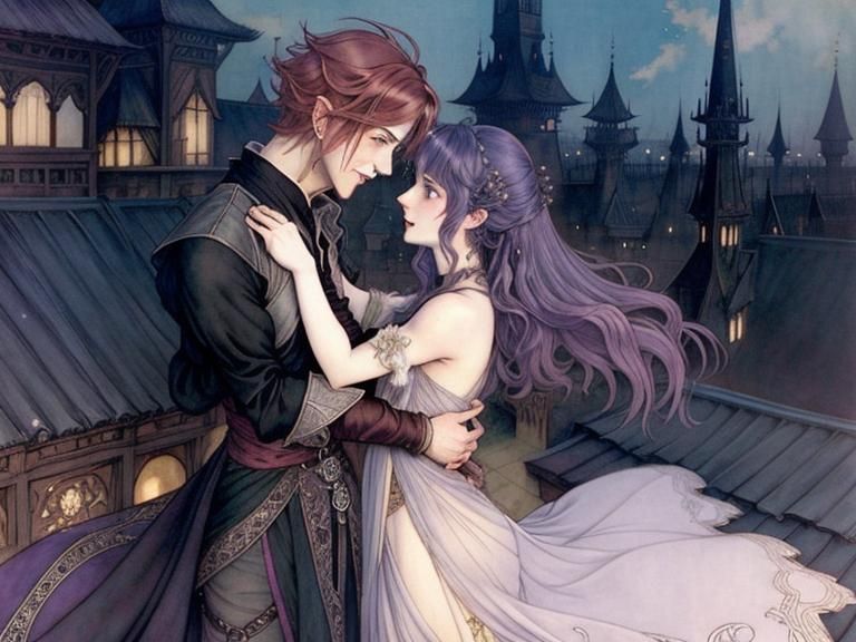 Anime Genie and Woman Embrace on Rooftop