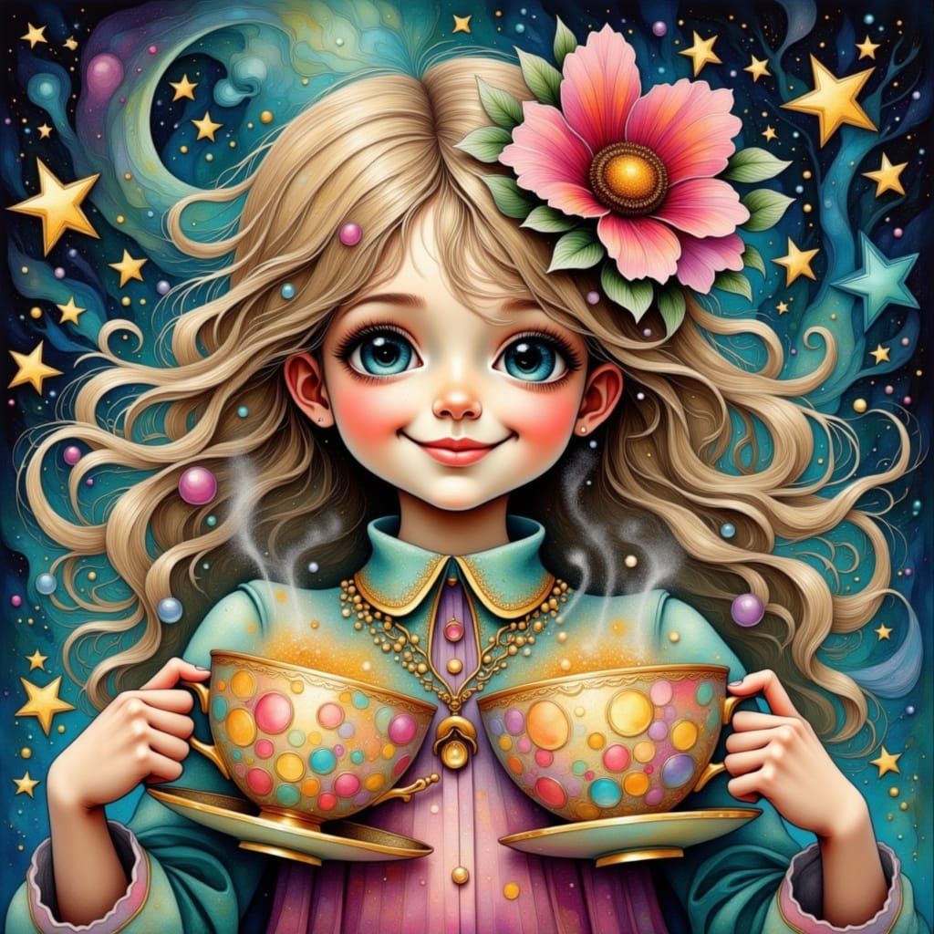A cute young girl and Two teacups