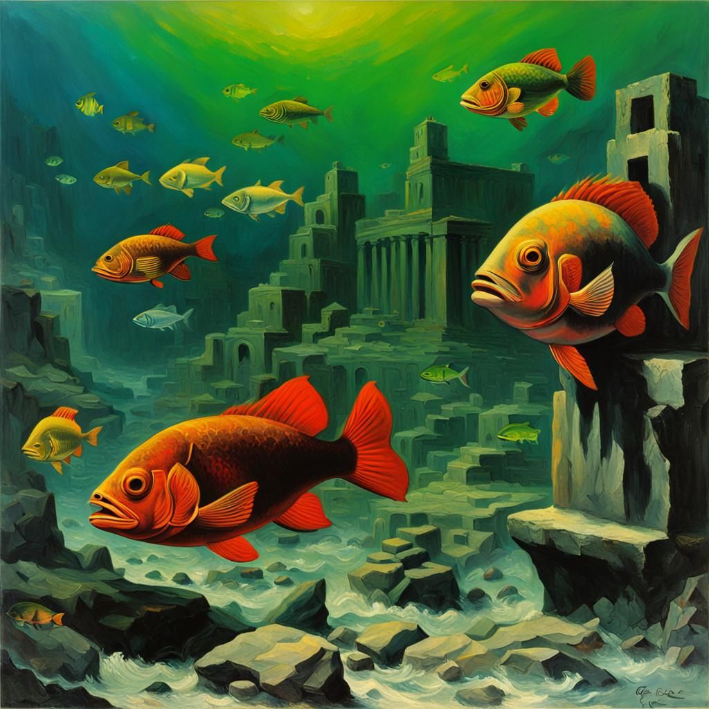 Underwater Ruins in Picasso-esque Oil Painting Style