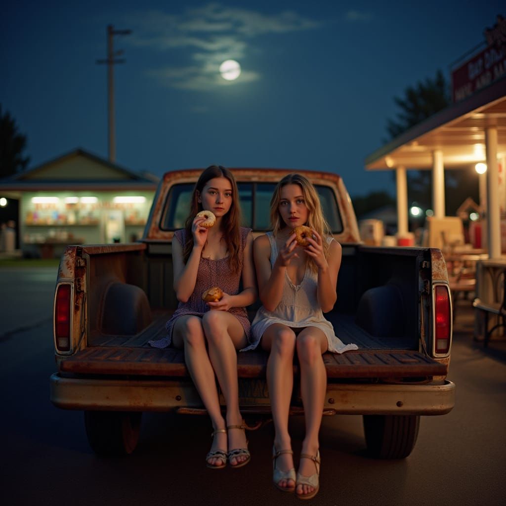 Teen Girls Enjoying Doughnuts in Pickup Truck