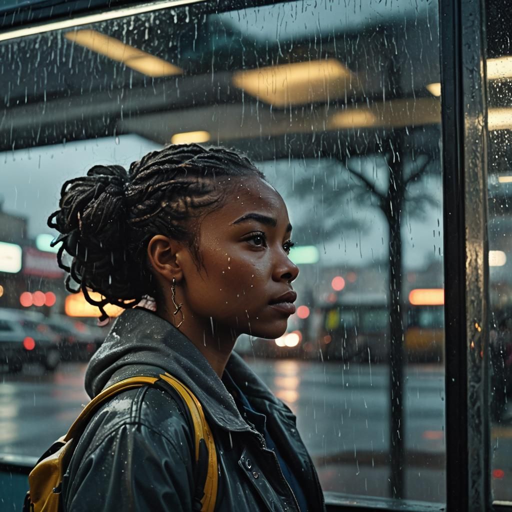Black Woman at Bus Shelter in Cinematic Style
