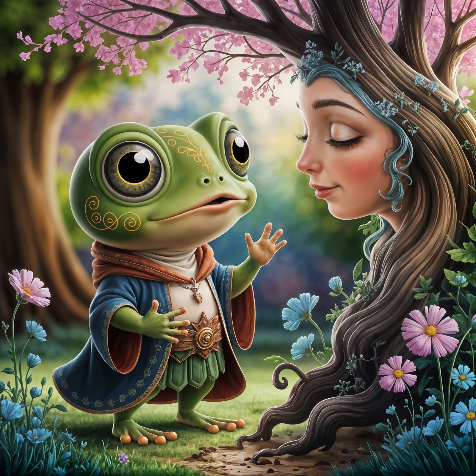 Cute Frog Druid Talking to Loving Tree