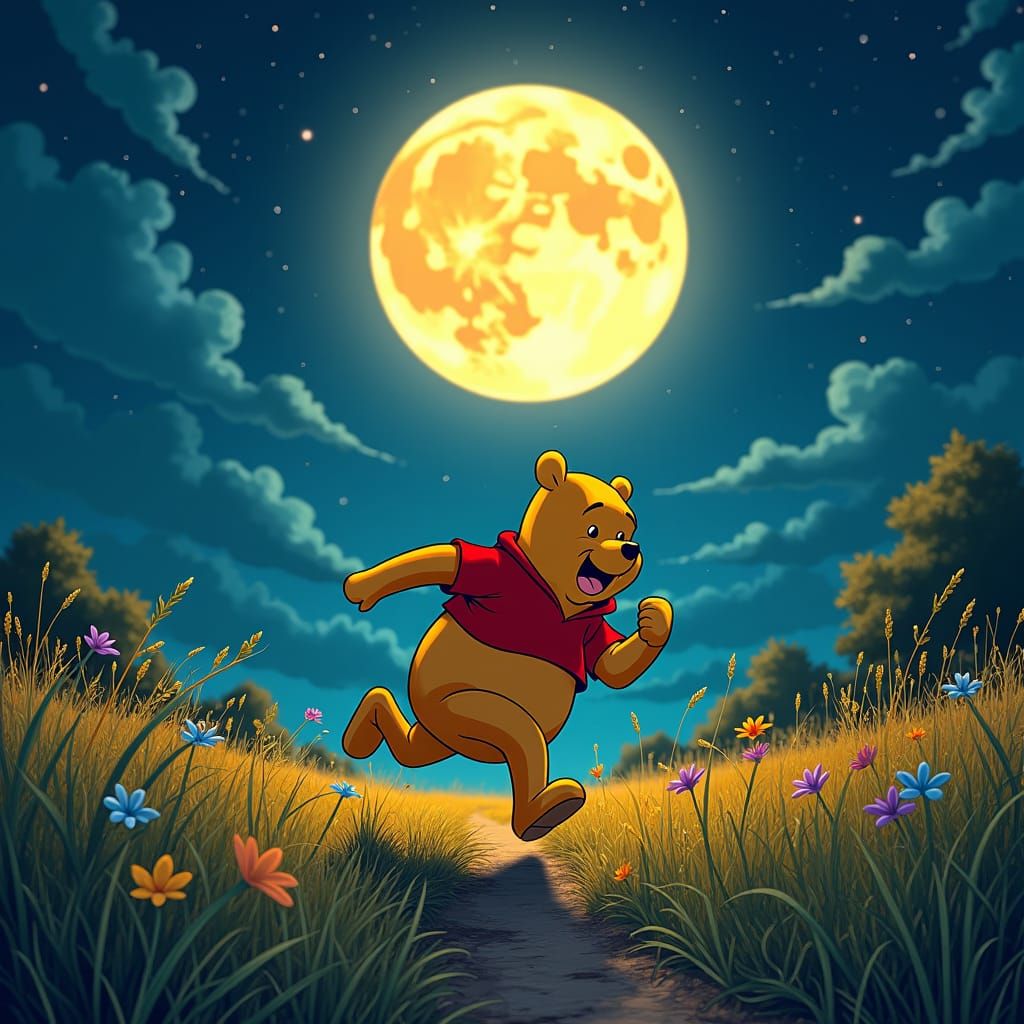 Terrified Winnie the Pooh Sprinting in Moonlit Meadow