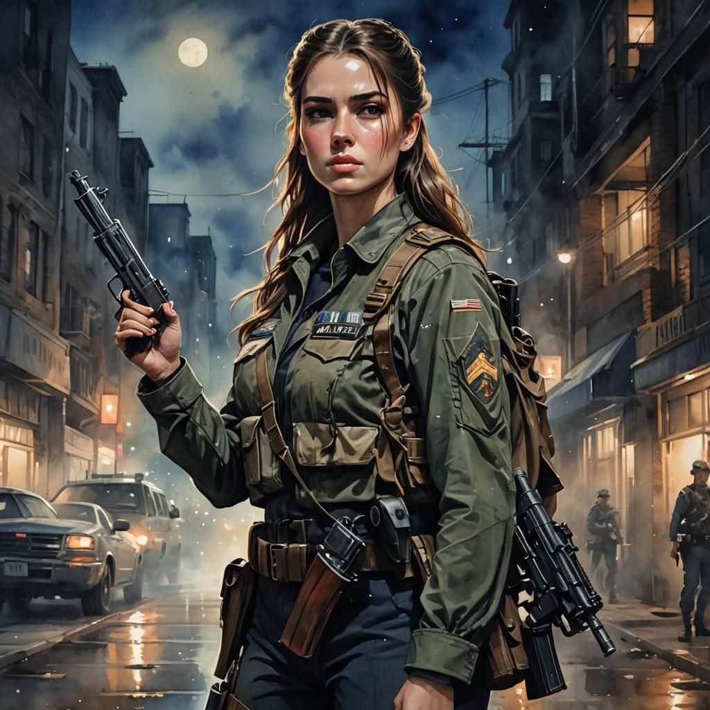 Military Sergeant with Gun in Watercolor Style