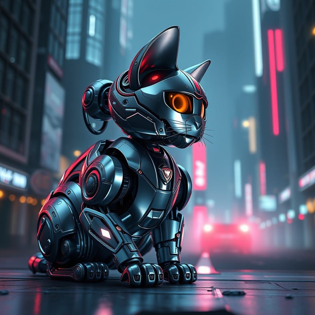Sleek Robocat Dominates Futuristic Cityscape