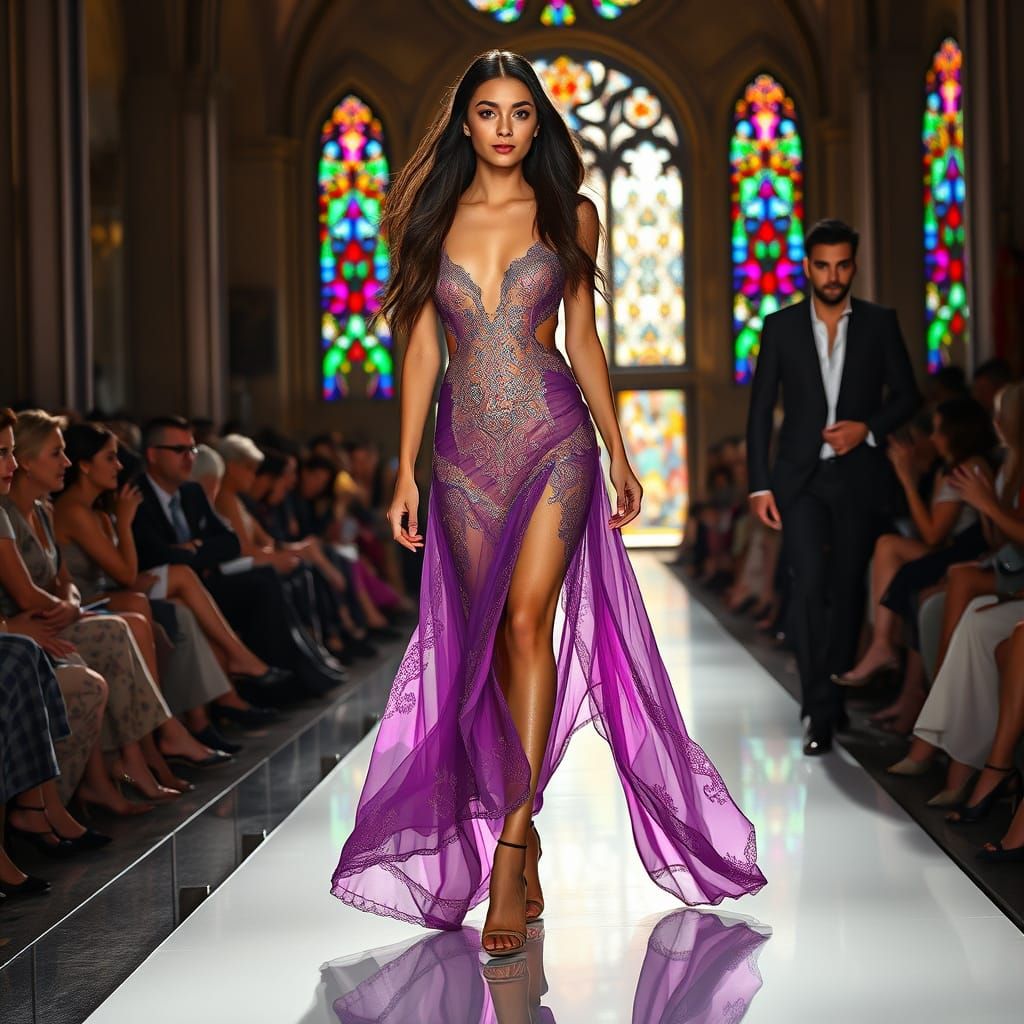 Elegant Runway Model in Iridescent Gown