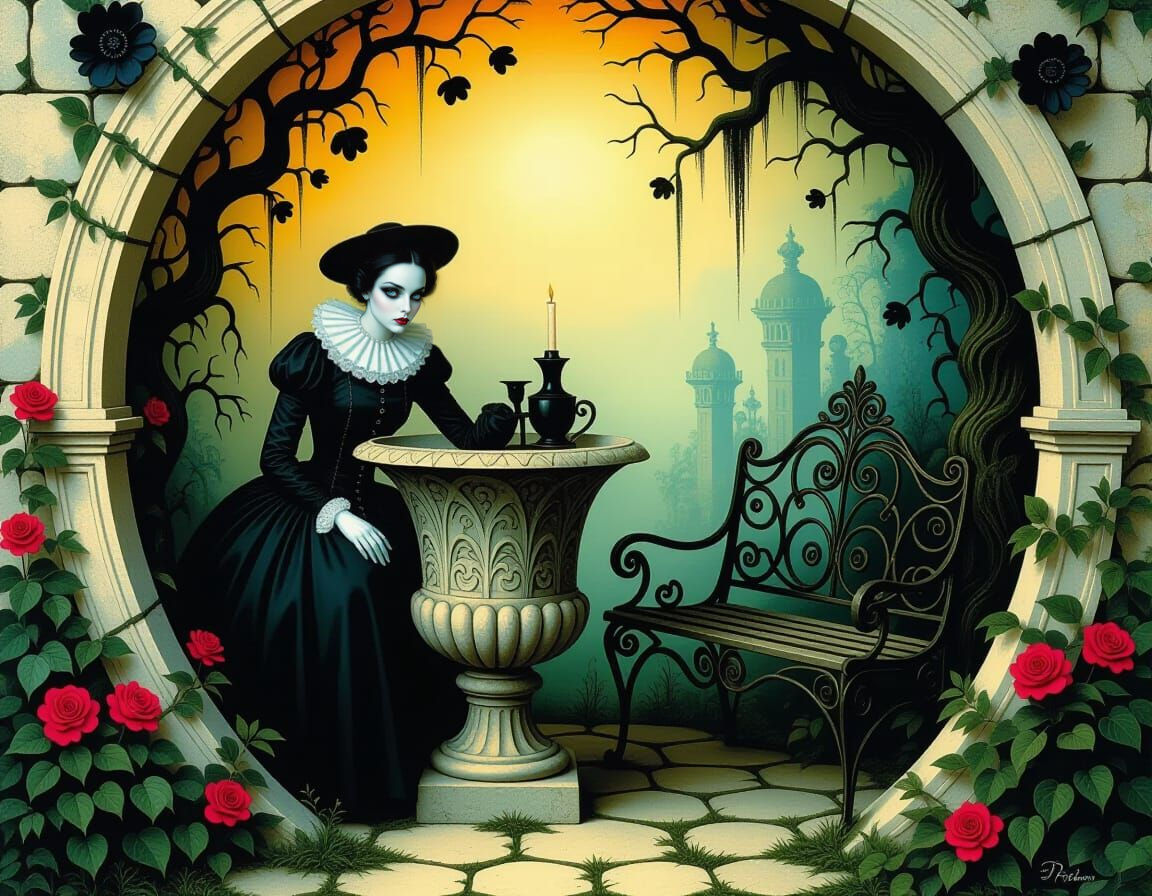 Haunted Baroque Garden in Surreal Dark Romanticism Style