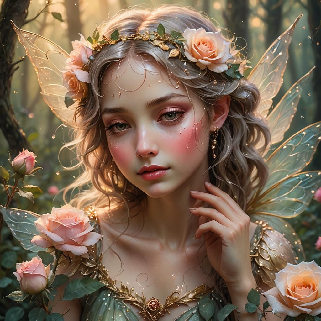 Fairy Smelling Rose in Forest, Arthur Rackham Style