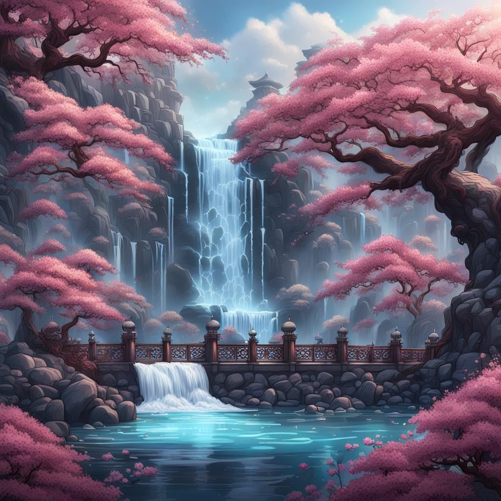 Waterfall and Plum Blossoms Line Art