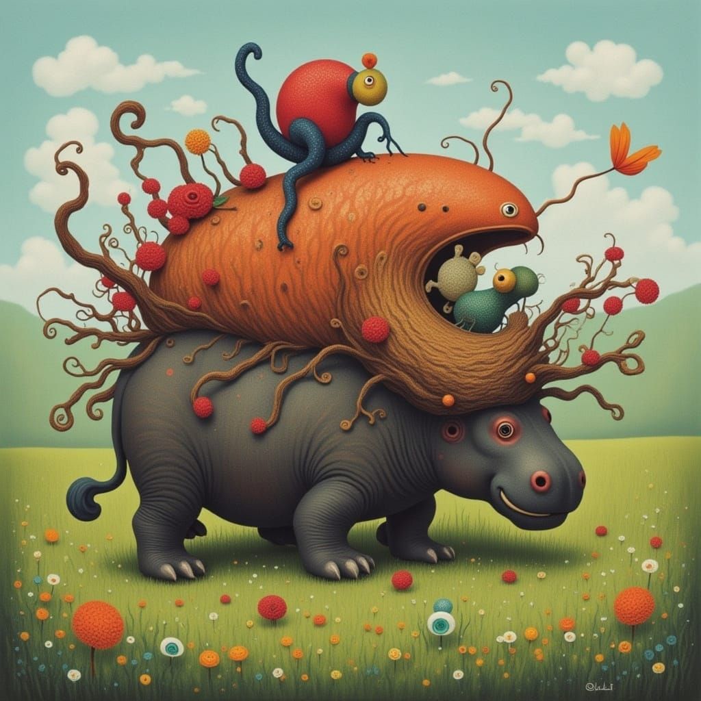 Joyful Hippo Among Martian Swirls and Twisted Trees