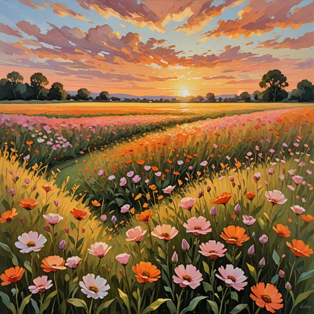 Impressionist Masterpiece: Blooming Flowers at Sunset