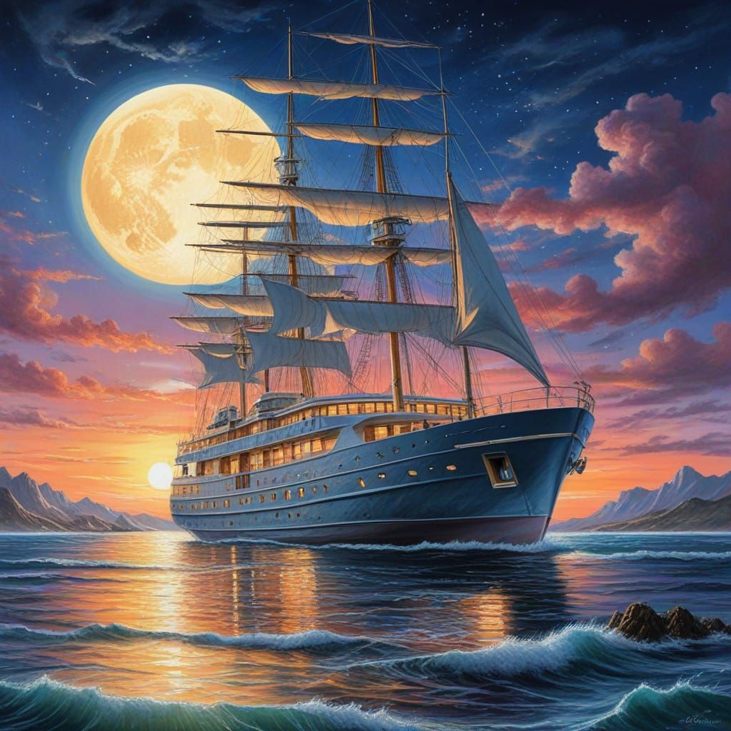 Sleek Yacht Under Full Moonlight