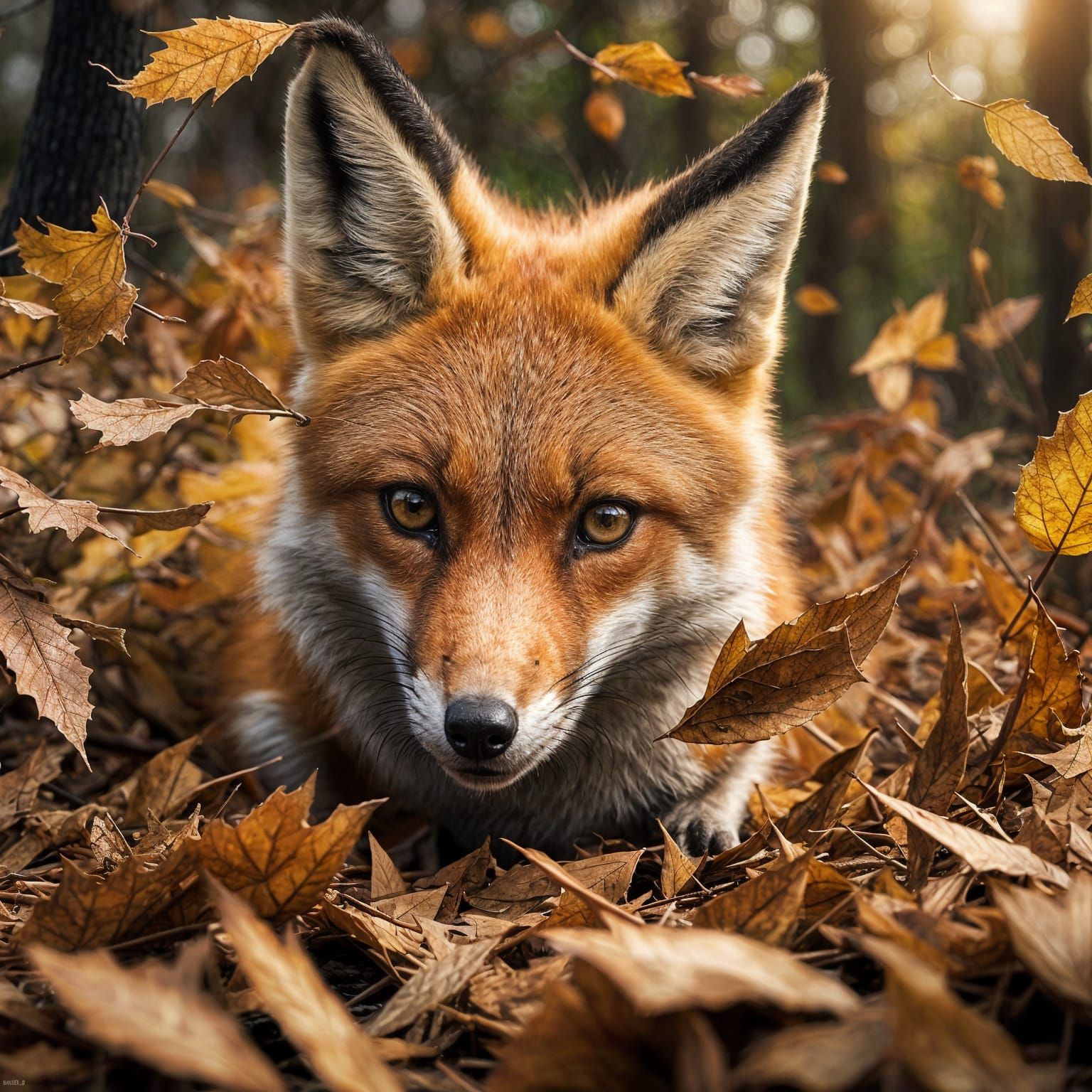 Fox Plays in Autumn Leaves: Hyperrealistic Image