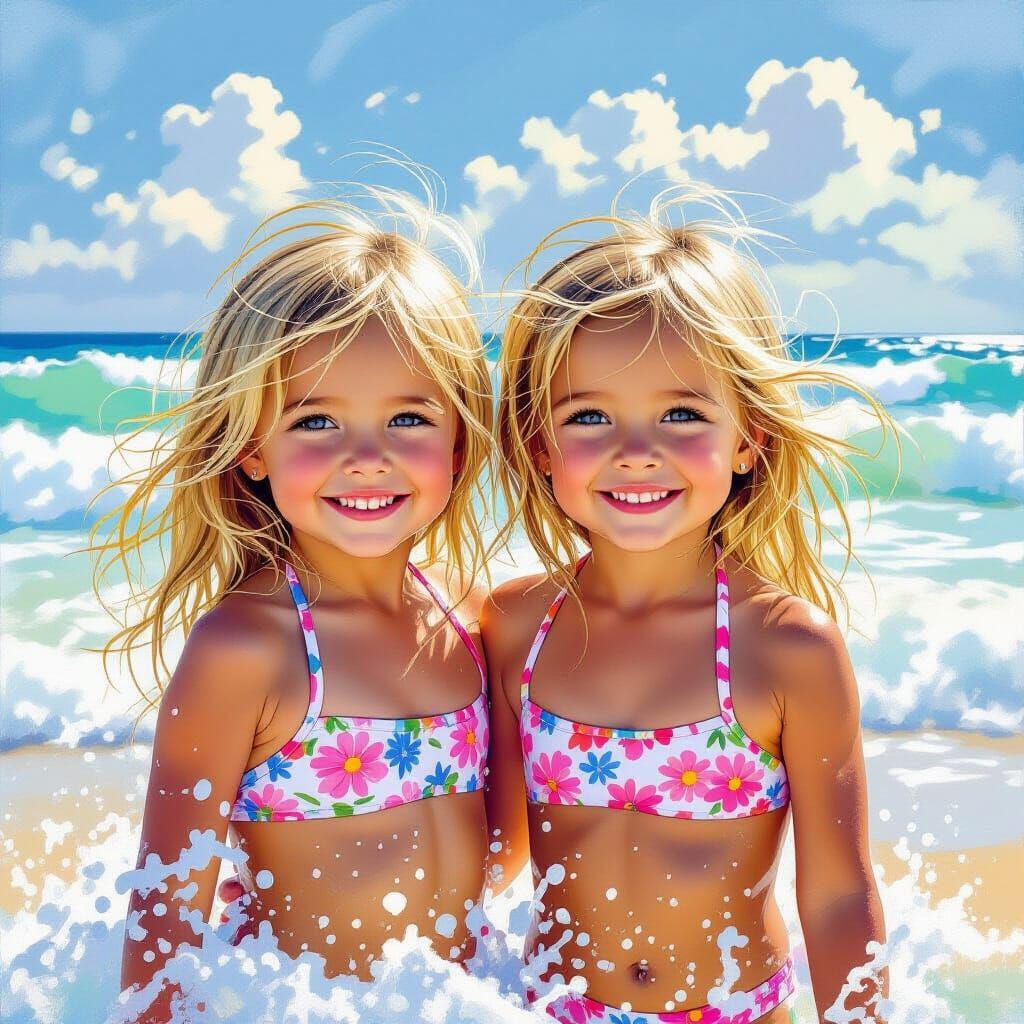 Twin Girls Smiling on Beach as Waves Crash, Golden Hour Ligh...