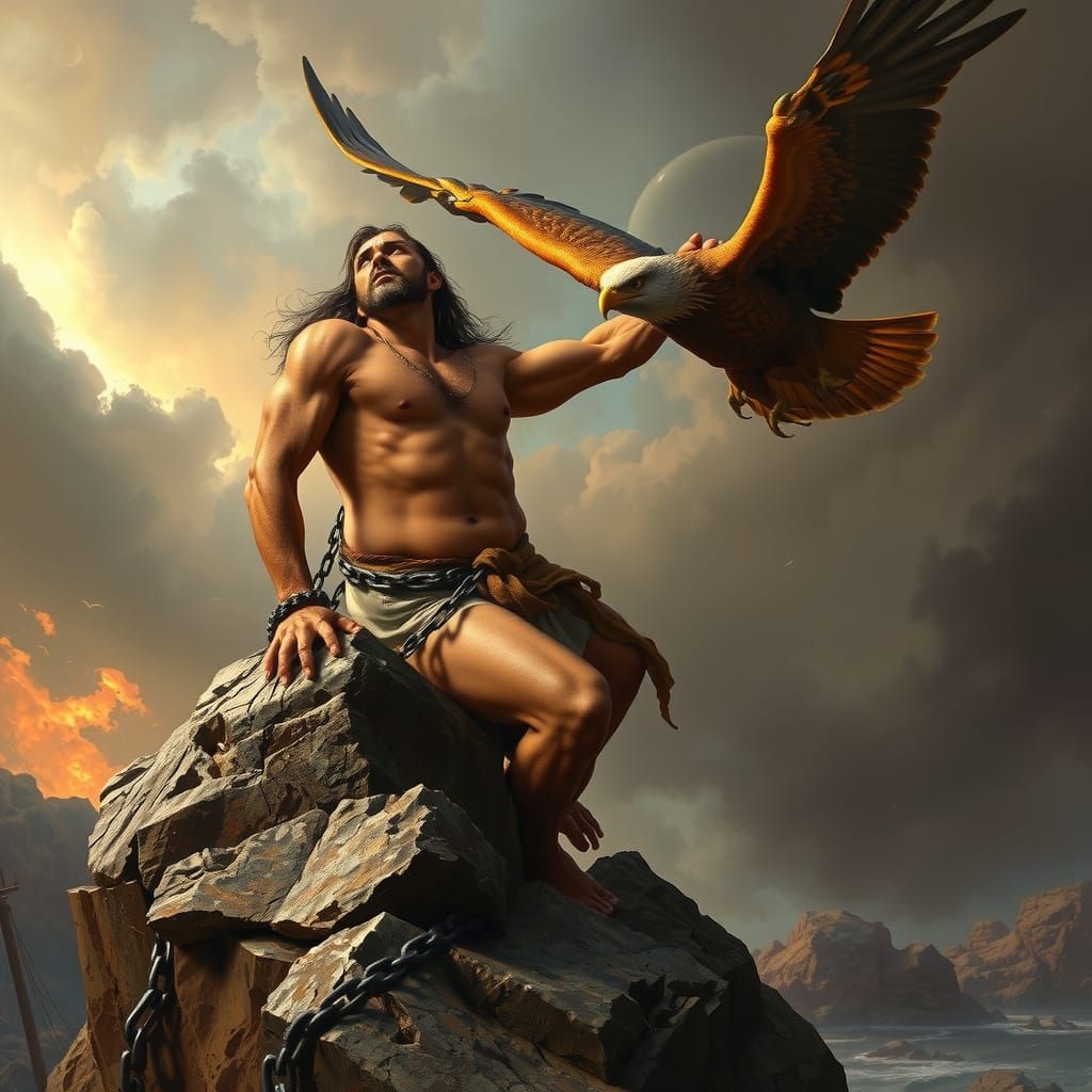 Titan Prometheus Defies Zeus in a Haunting Stormy Landscape
