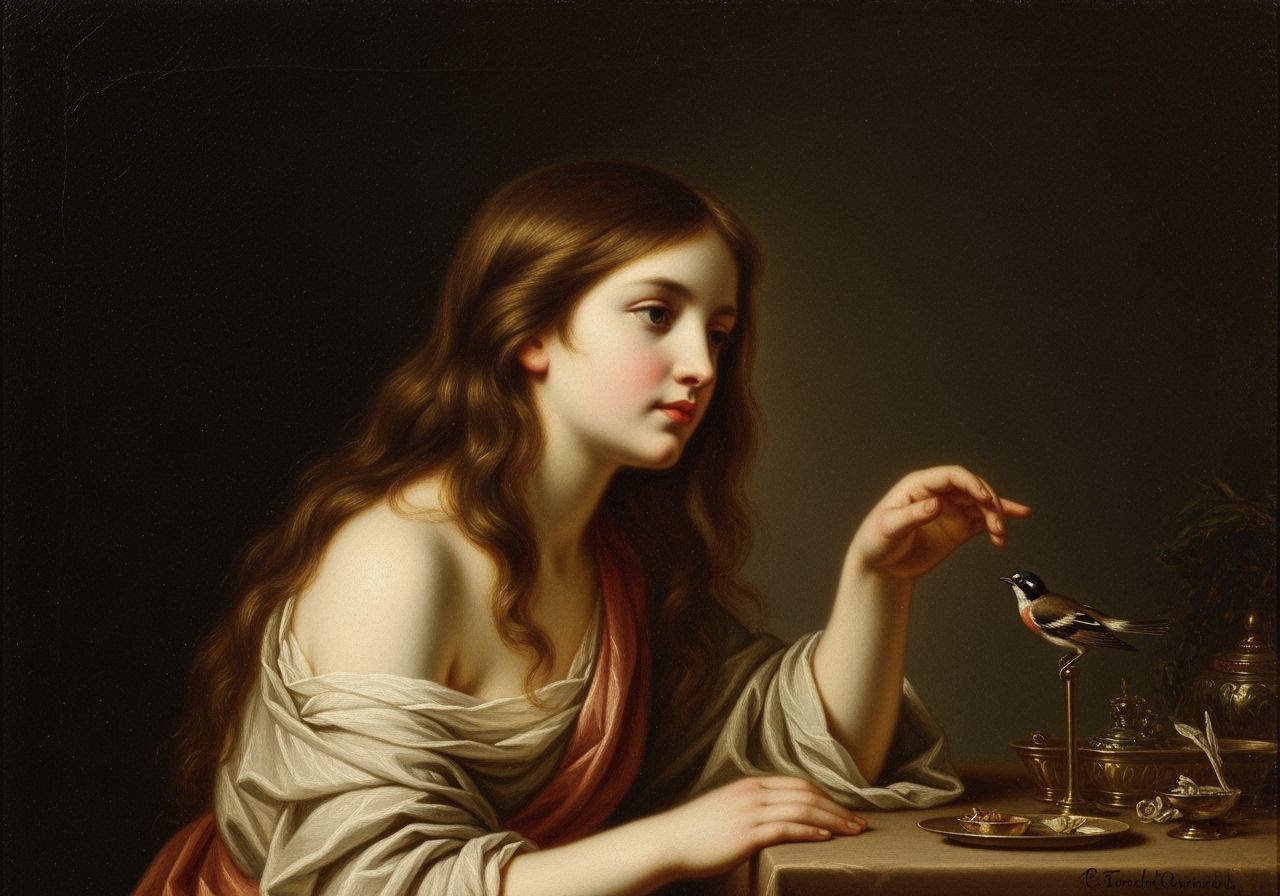 Young Girl with Bird, Classic Oil Painting