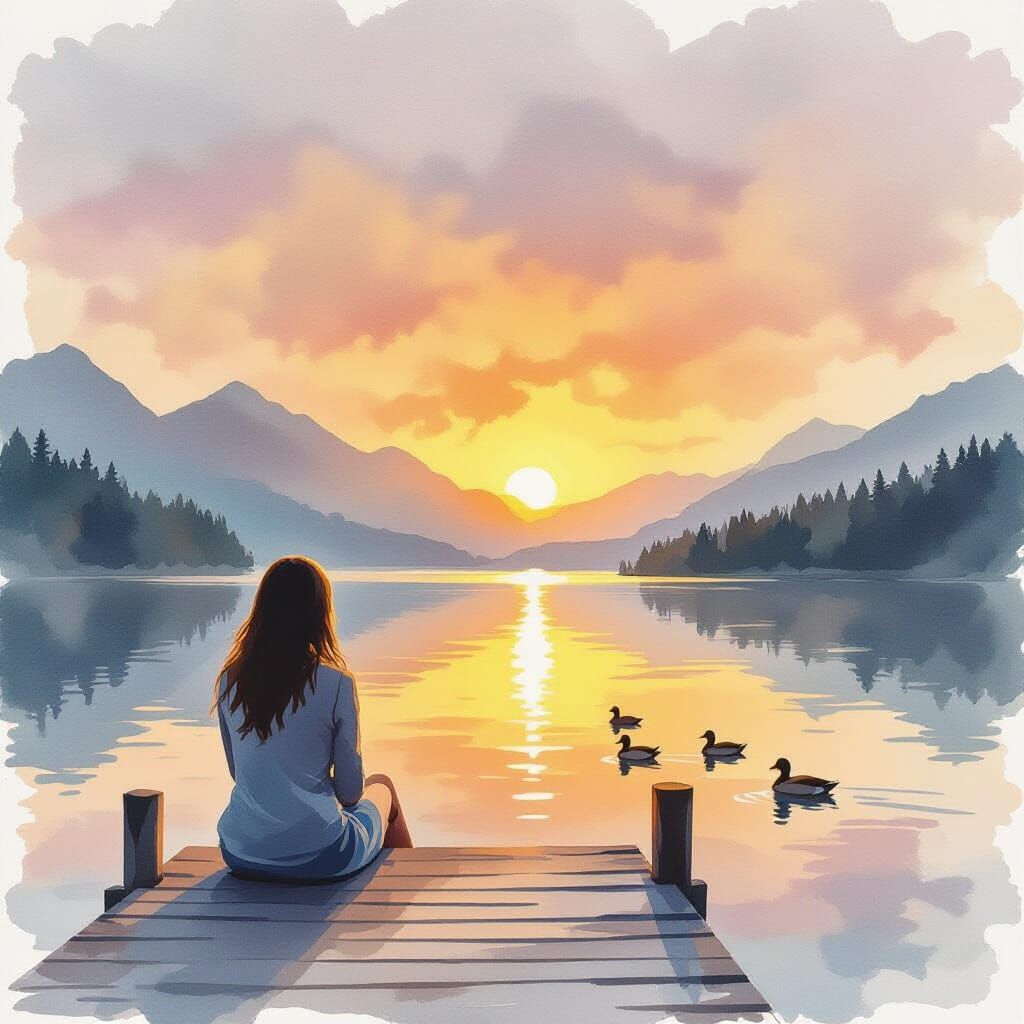 Serene Sunrise Over Mountains: Watercolor Painting