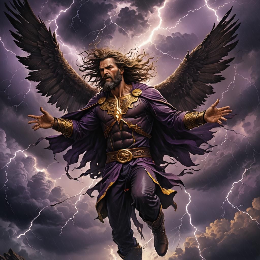Winged Man Flies Through Storm, Digital Art