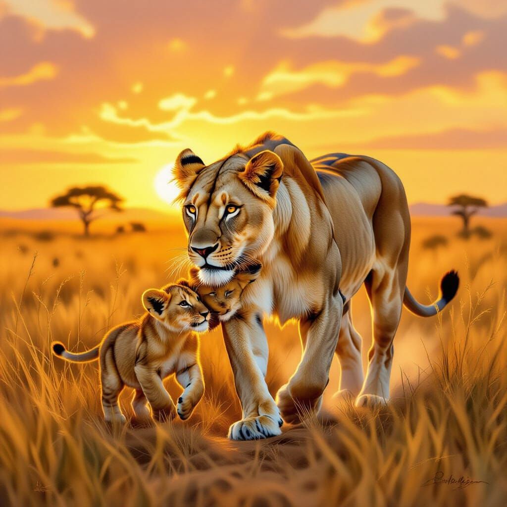 Lioness Carries Cub Through Golden Savanna at Sunset