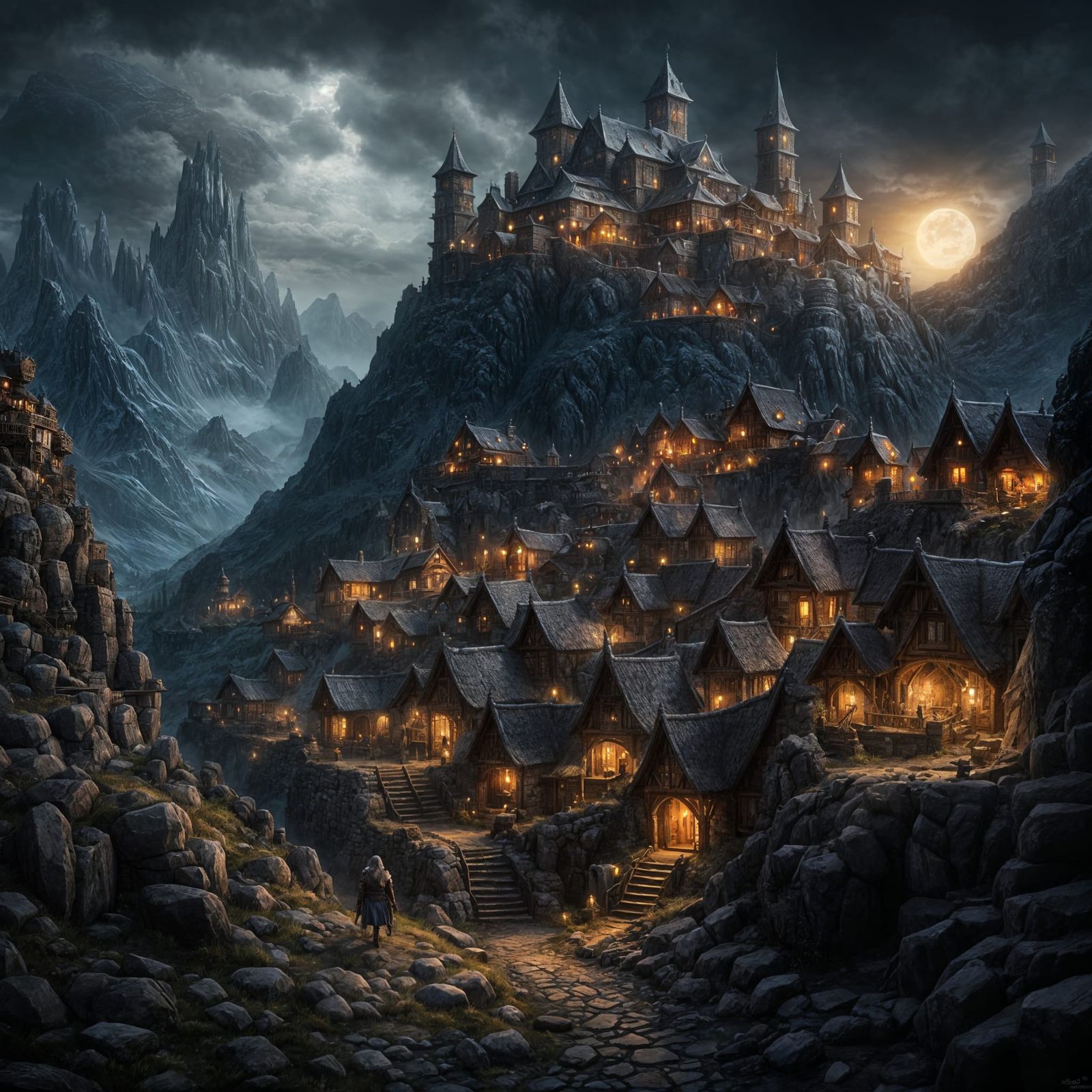 Dark Fantasy Dwarven Mining Village Digital Painting
