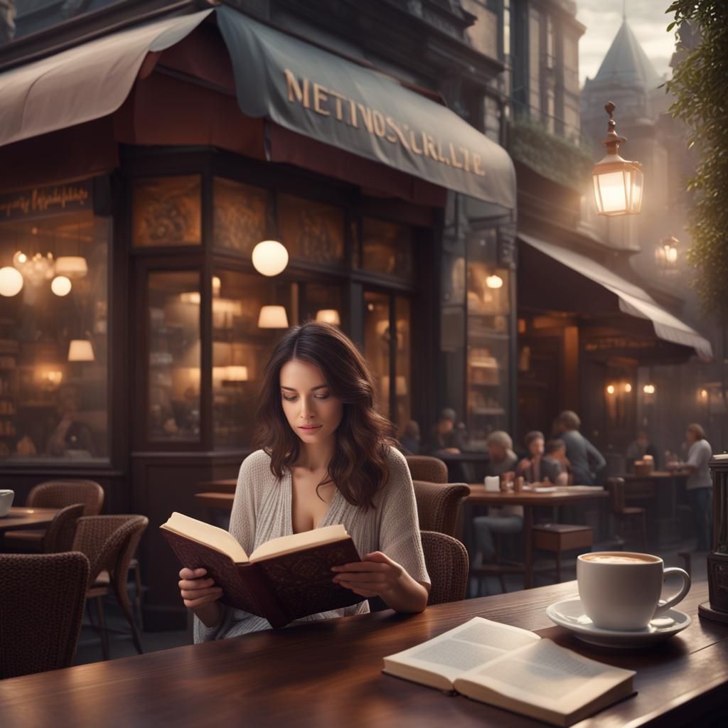 Brunette Woman Reading in Coffee Shop: Digital Matte Paintin...