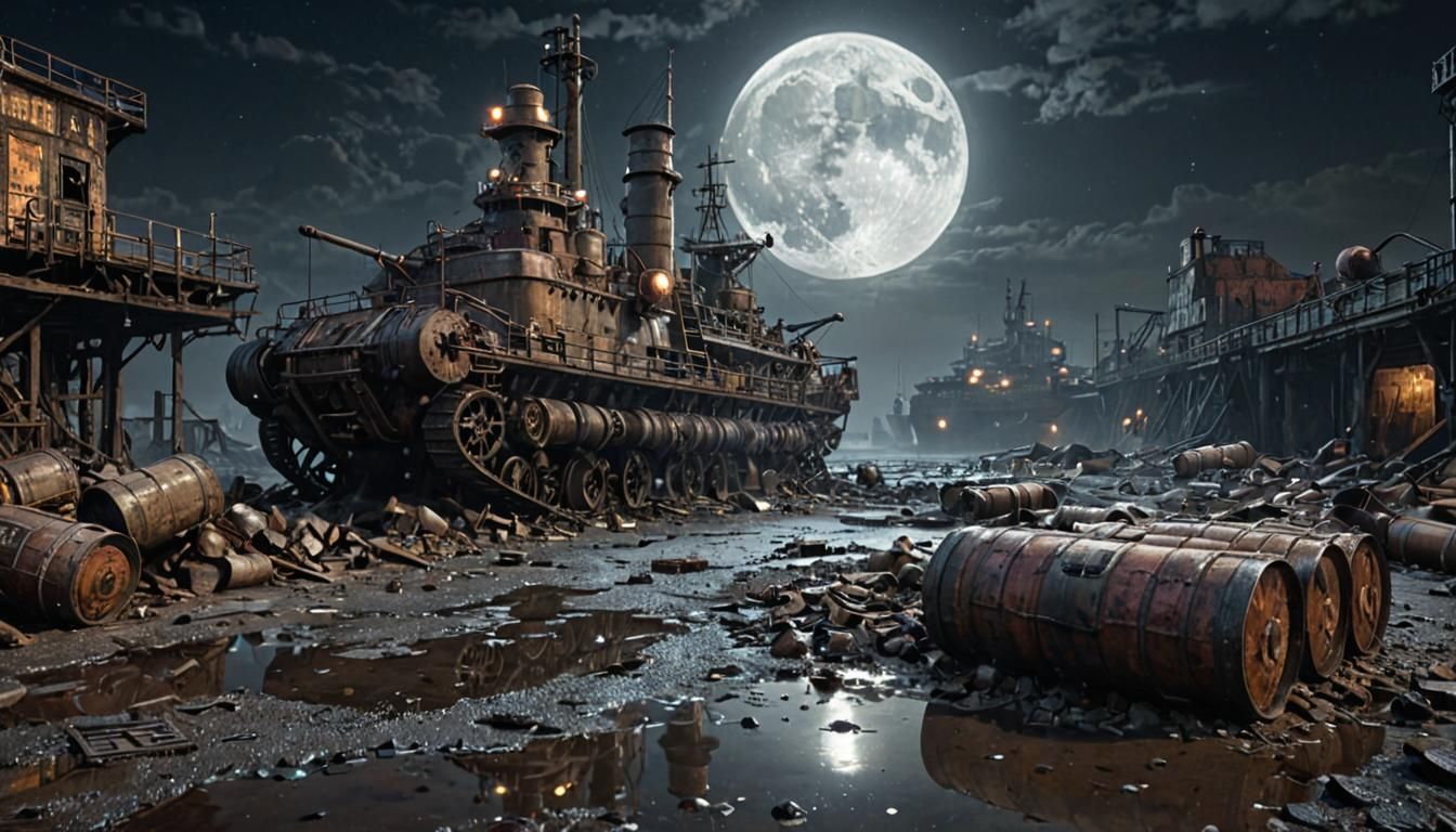 Dieselpunk Wasteland Port with Warship and Moon