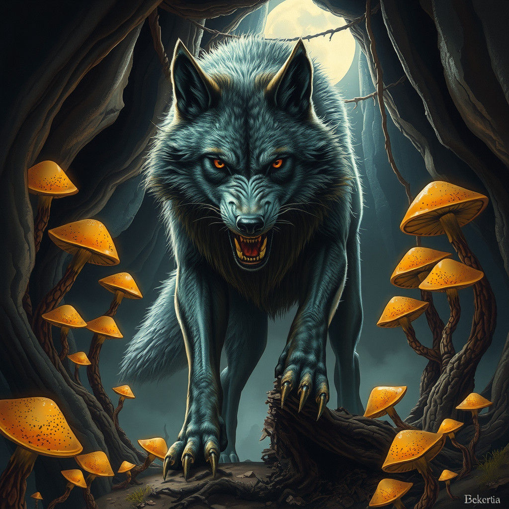 Menacing Wolf in Mystical Cave, Dark Surrealism