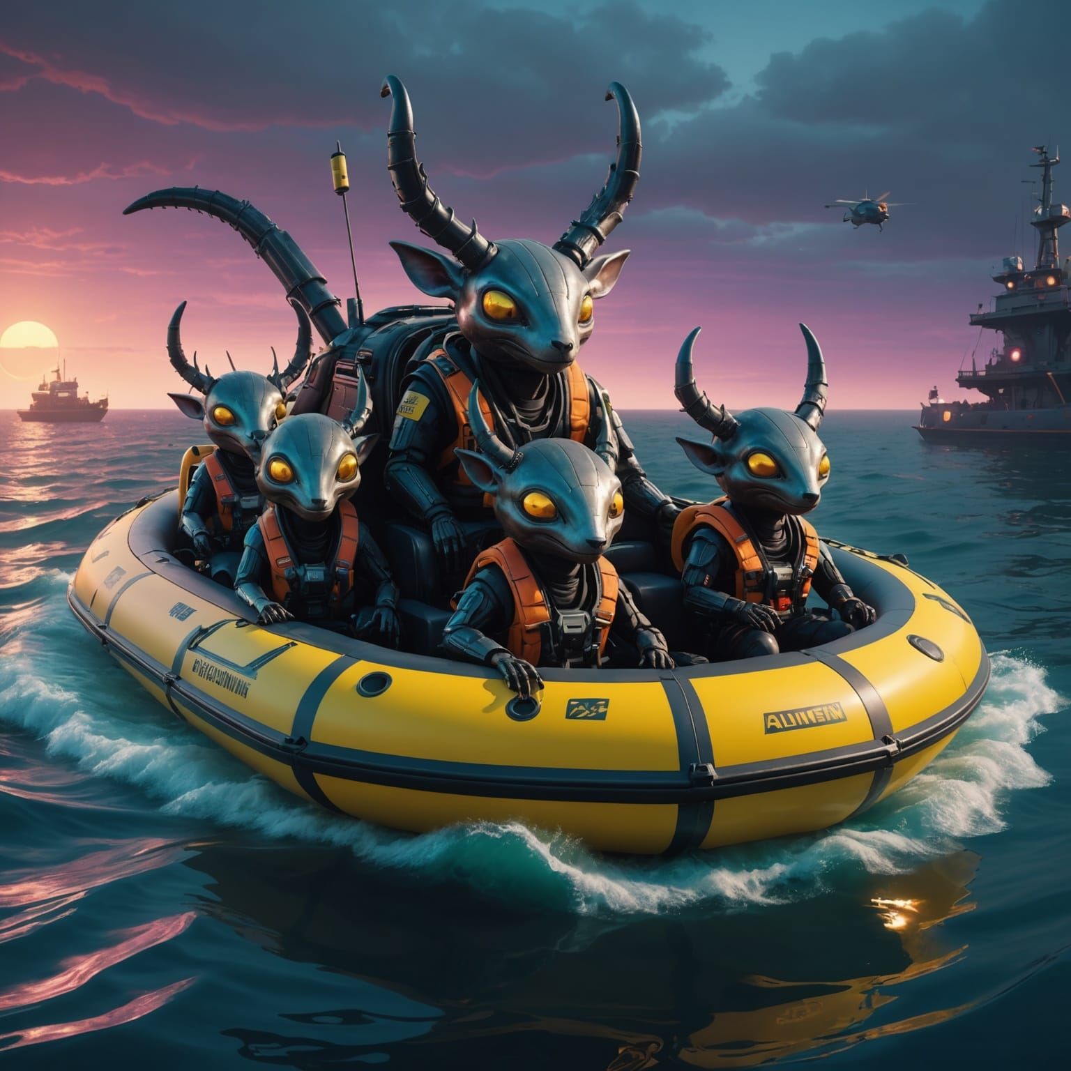 Cute aliens are sitting inside an inflatable life boat flash...