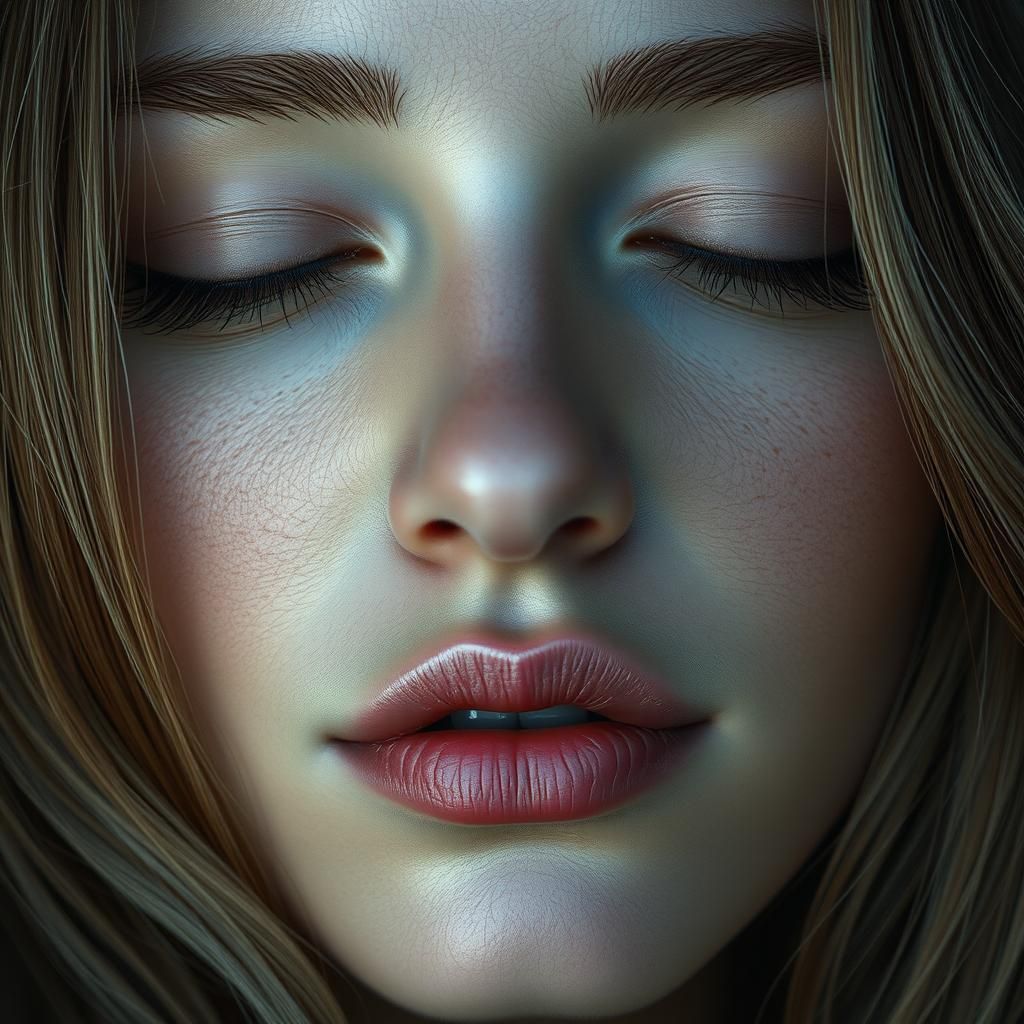 Serene Woman in Hyper-Realistic Close-Up, Fine Art Photograp...