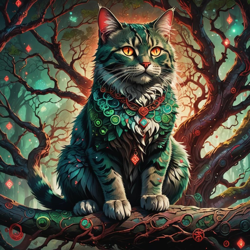 Colorful Manga Cat on Mystical Tree Branch