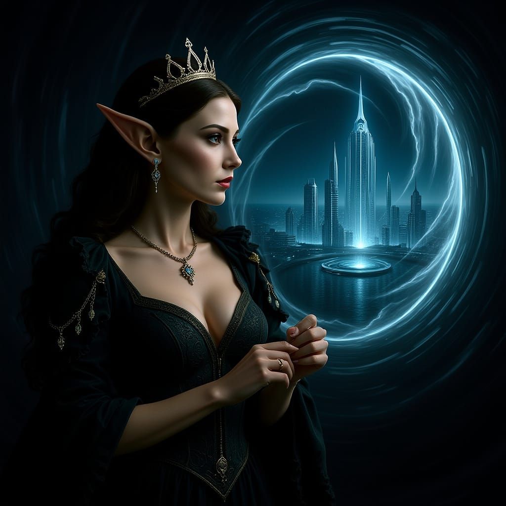 Elven Queen Gazes Through Portal to Sci-Fi City