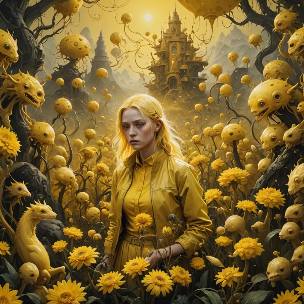 Surreal Yellow Landscape with Woman in Oil Painting Style