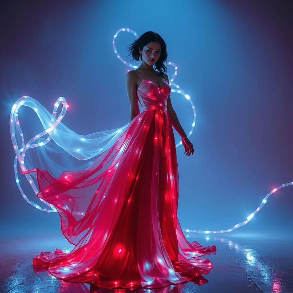 Ethereal Woman in Gown of Shimmering Lights