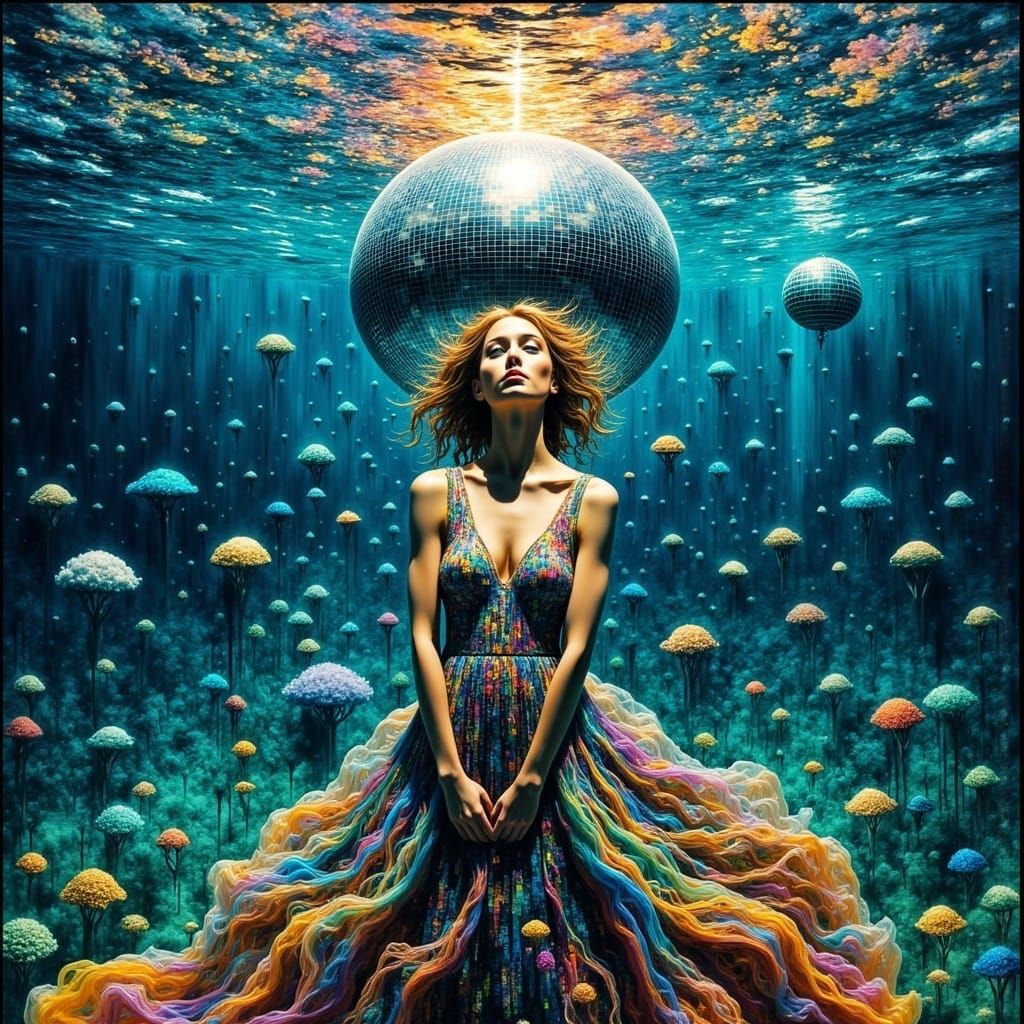 Glowing Underwater Disco Scene in Surrealism Style