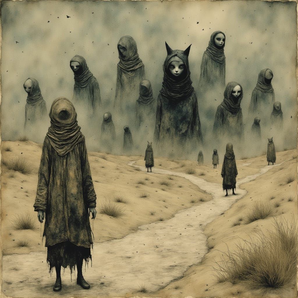 Desert Wanderer and Sandworms in Children's Book Style