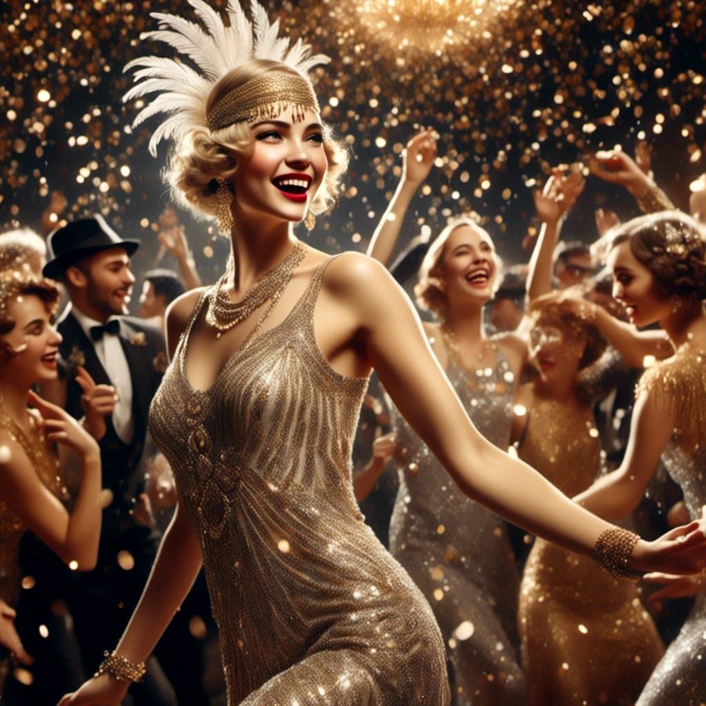 Roaring 20s Flapper Girl Dancing in Gold and Silver