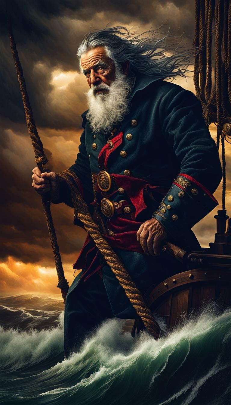 Pirate Captain at Helm in Stormy Seas