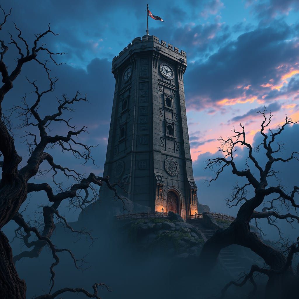 Imposing Watch Tower in a Mystical Landscape with Intricate...