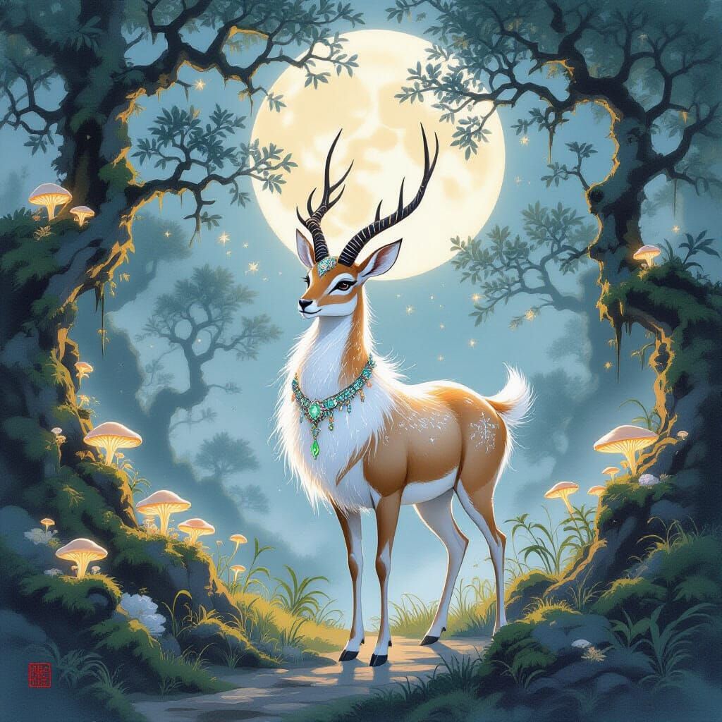 Gazelle in Moonlit Glade with Ethereal Fungi