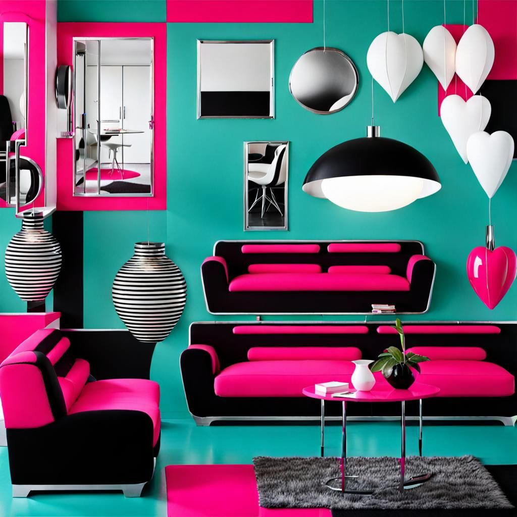 Retro Interior Design with Pink, Black, and Silver