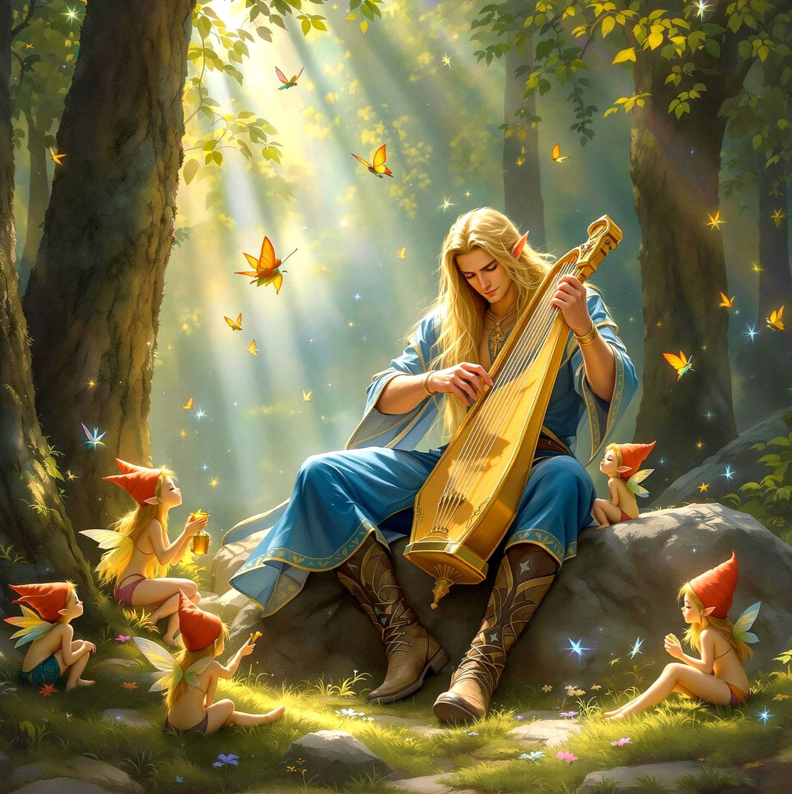Ethereal Elf Musician in a Mystical Forest Glade