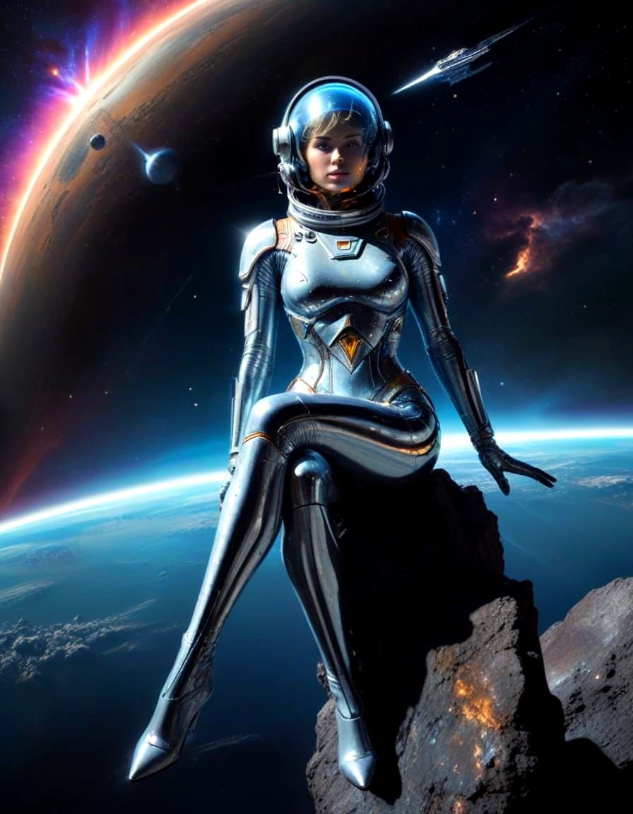 Glamorous Space Adventurer in Retrofuturistic Landscape