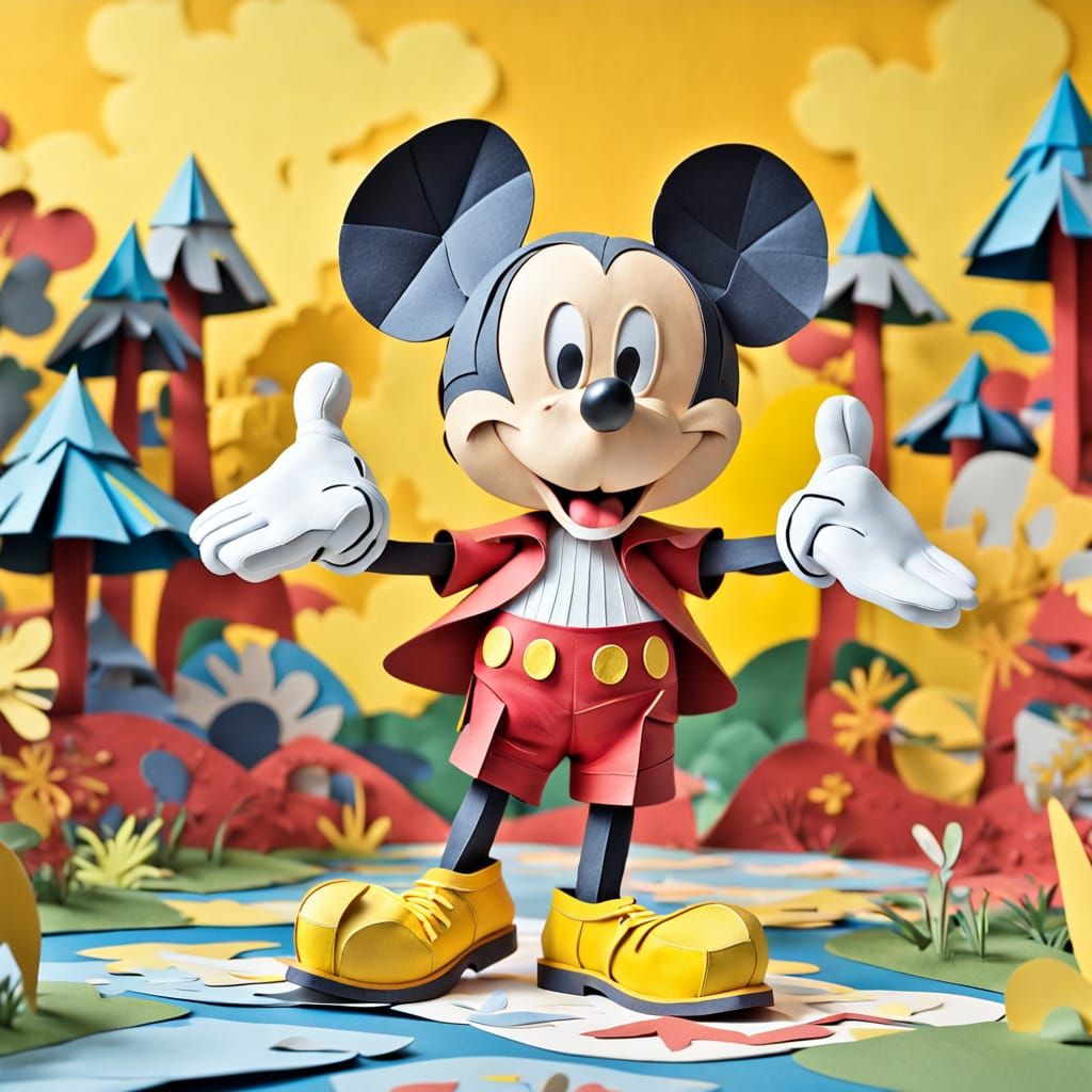 A layered paper sculpture of Mickey Mouse