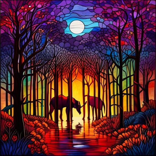 Stained Glass African Forest with Wildlife