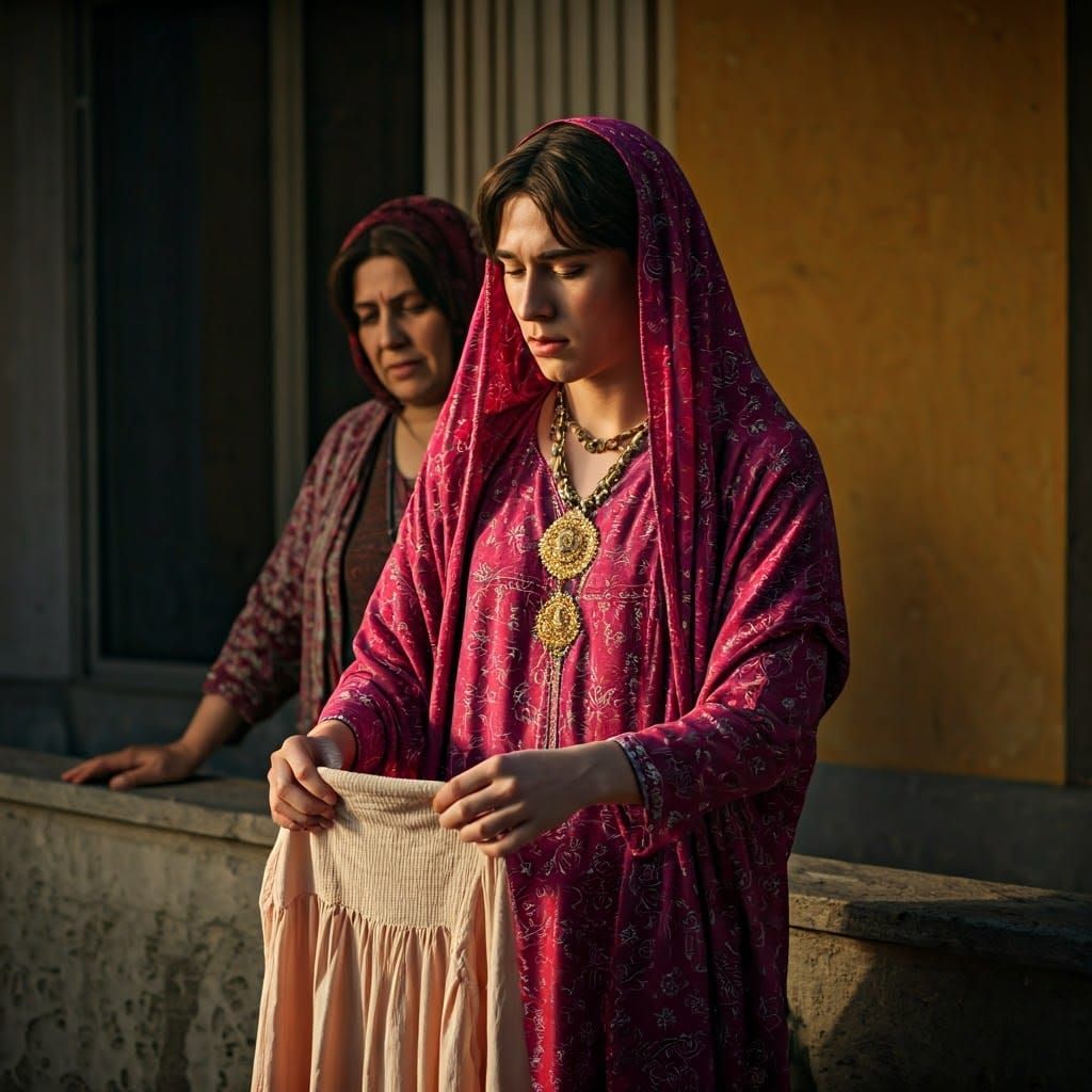 Feminine Youth Lining Clothes on a Sun-Drenched Terrace